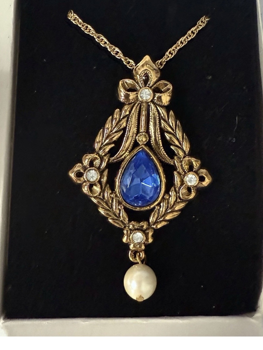 Avon Vintage-Inspired Gold Pendant Necklace with Blue Teardrop Stone and Pearl